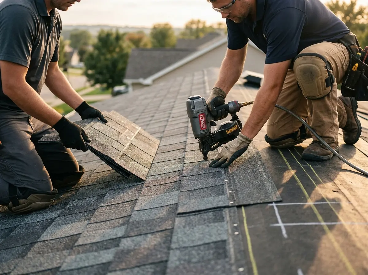 Professional roofer working on a residential roof in Bella Vista